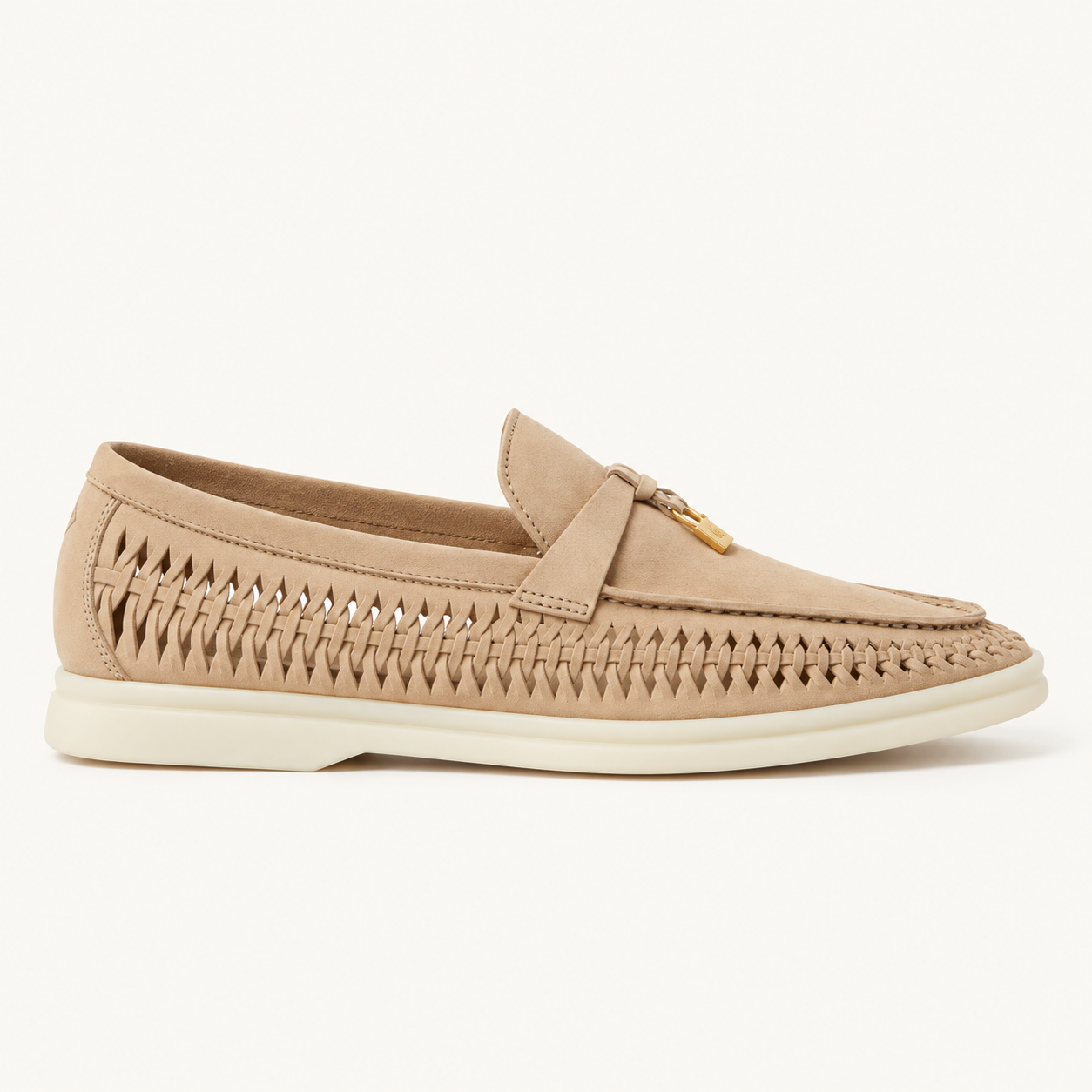 Side view of the low-profile loafer and contrasting ivory sole