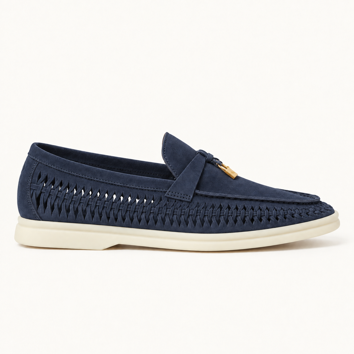Argo Blue Aureline loafer in profile, with an ivory sole and openwork side panels